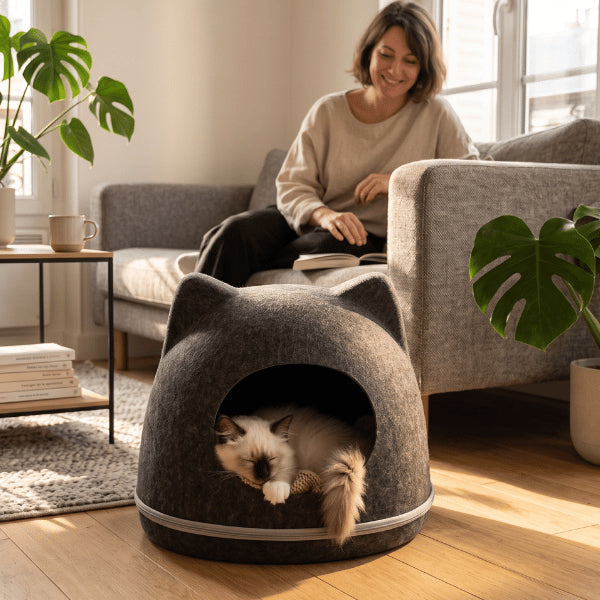 Abri pour chats en feutre naturel offrant une cachette reposante dans le salon