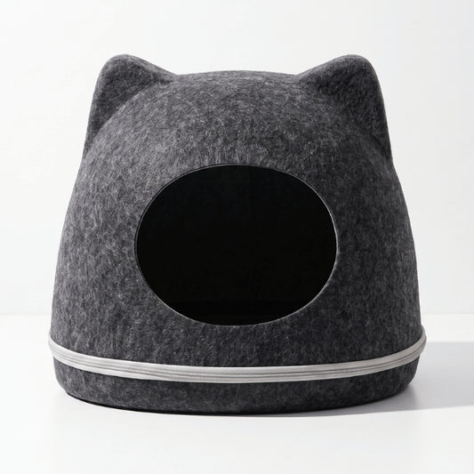 Abri pour chats gris foncé en feutre naturel formant une cachette enveloppante intérieure