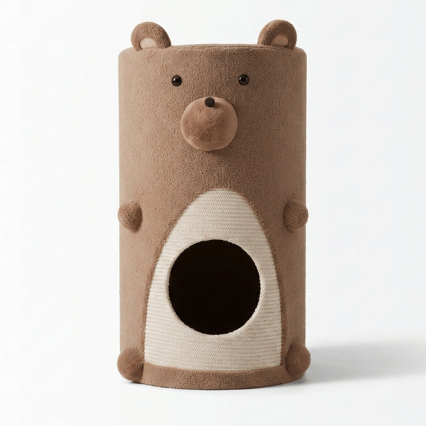 Abris chat marron design ourson mignon avec cachette 2 étages et griffoir frontal