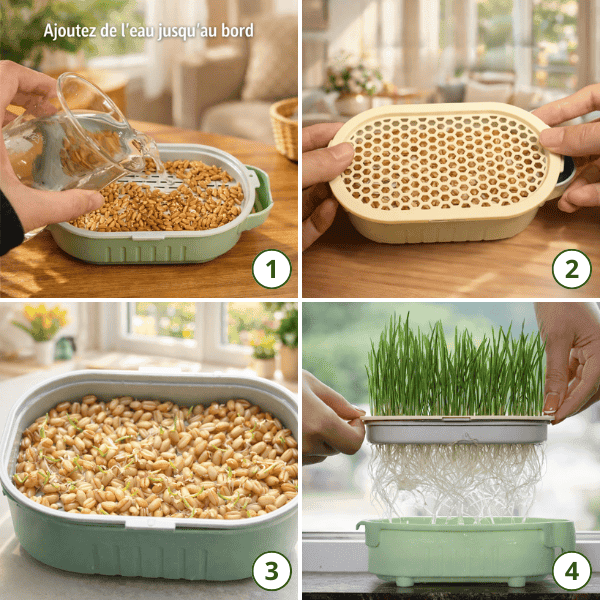 Étapes de germination dans le bac de culture d’herbe à chat hydroponique PurrGarden™
