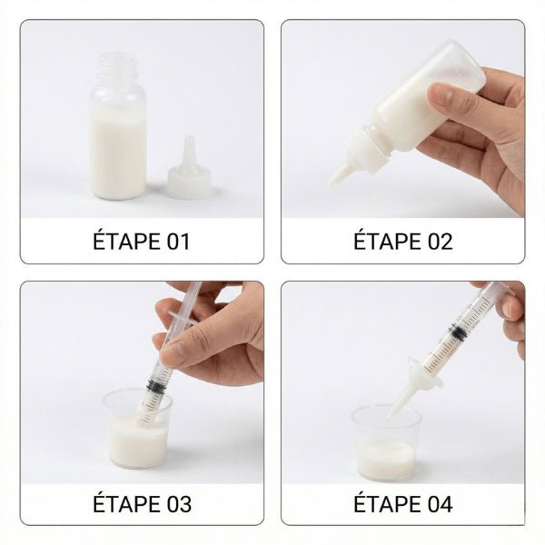 Biberon chaton étapes préparation lait avec seringue et doseur pour alimentation facile