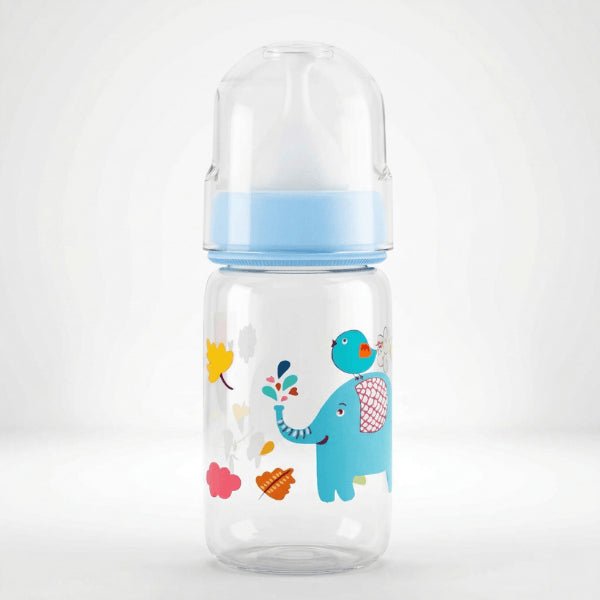 Biberon pour chaton bleu 125ml avec dessin ludique et tétine silicone pour nourrissage sécurisé