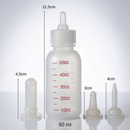 Biberon pour chaton 50ml avec dimensions et tétines adaptées pour croissance et allaitement
