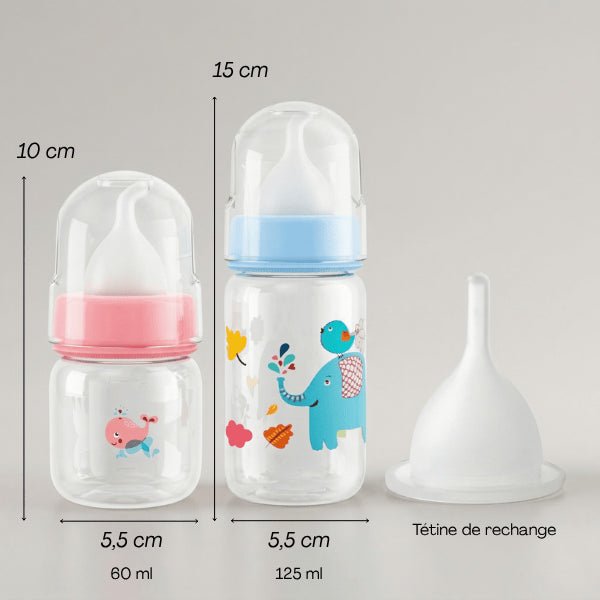 Biberon pour chaton avec dimensions 60ml et 125ml pour adapter quantité selon âge
