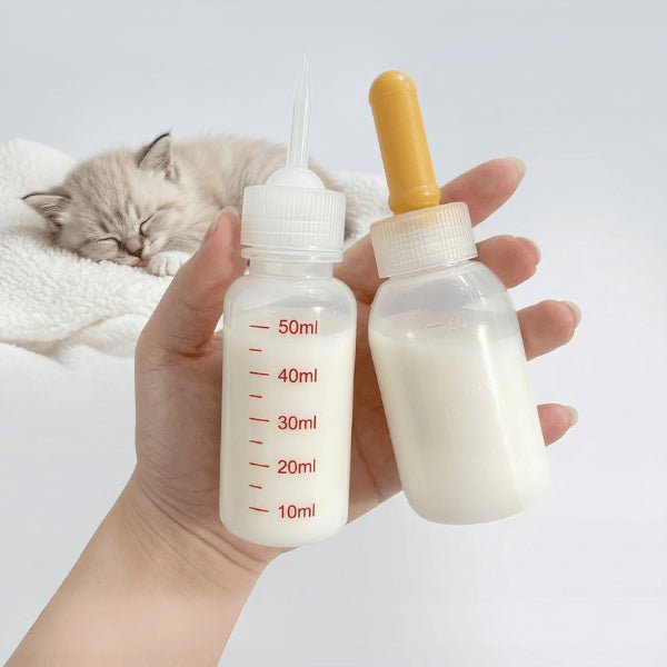 Biberon pour chaton rempli de lait avec tétines variées pour adapter débit alimentation