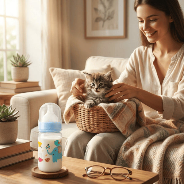 Biberon pour chaton utilisé à la maison pour nourrir chaton en sevrage et créer lien rassurant