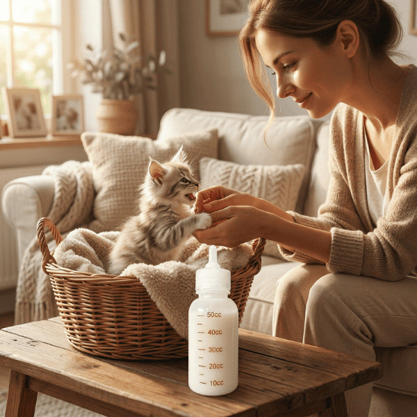 Biberon pour chaton utilisé à la maison pour nourrir chaton et renforcer lien affectif