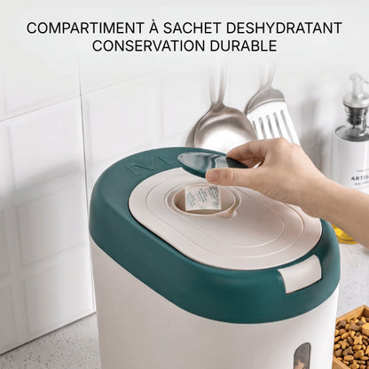 Boite a croquette chat avec compartiment déshydratant améliorant la conservation alimentaire