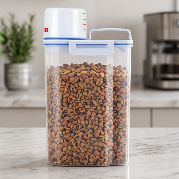 Boite à croquettes chat hermétique avec doseur intégré et réservoir transparent compact