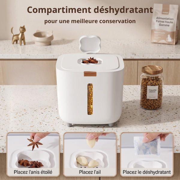 Boite croquette chat avec compartiment supérieur optimisant la conservation des aliments secs