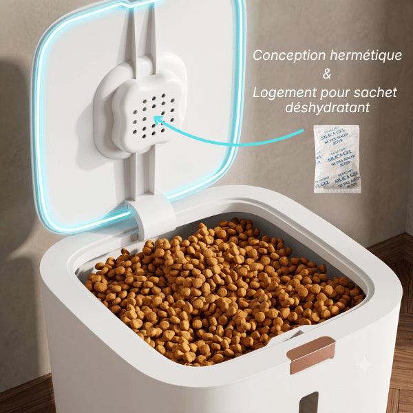 Boite croquette chat avec compartiment déshydratant conservant fraîcheur et croquant des aliments secs