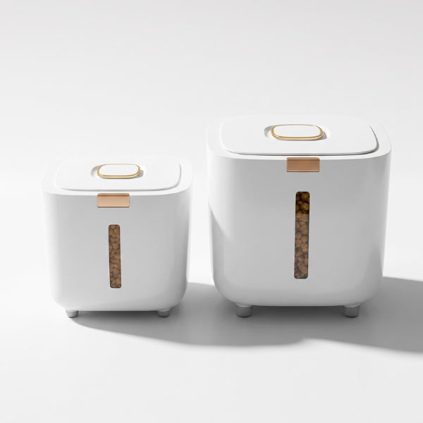 Boite croquette chat design carré blanc disponible en deux capacités hermétiques élégantes