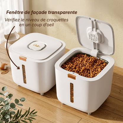 Boite croquette chat avec fenêtre transparente visualisant rapidement le niveau des croquettes stockées