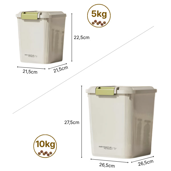 Boite croquettes chat dimensions compactes pour rangement simplifié 5 et 10 kg