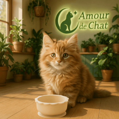 Bol chaton silicone beige ronde avec chaton maine coon roux dans cuisine - SikBowl™