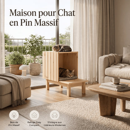 Cabane a chat en bois pin massif accueillant deux félins dans intérieur moderne