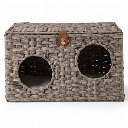 Cabane pour chat design gris avec double entrée ronde et fermeture élégante cuir
