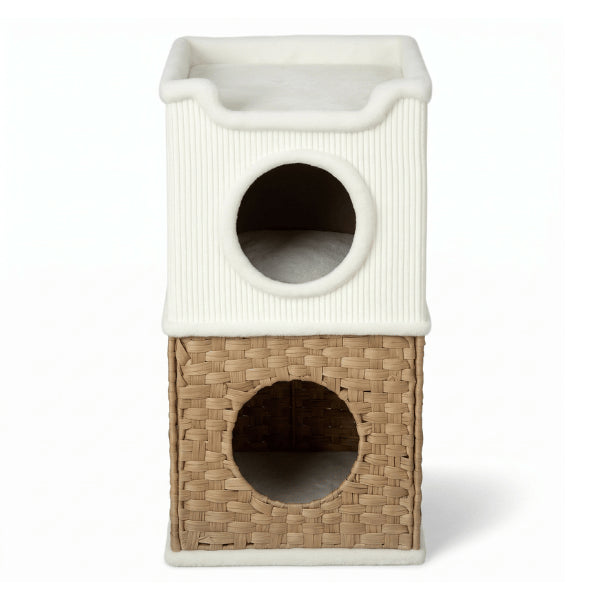 Cabanes pour chat à trois niveaux avec deux cachettes en façade et plateforme supérieure