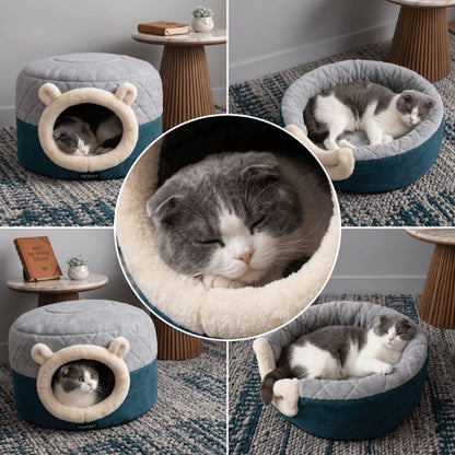 Cachette chat convertible montrant mode niche fermée et panier ouvert moelleux