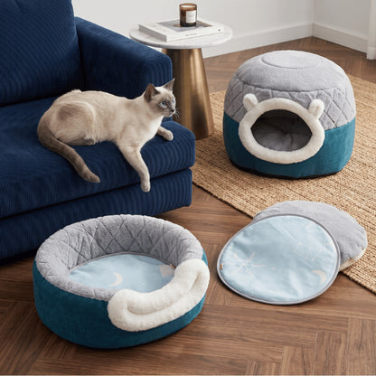 Cachette chat transformable en panier ouvert avec coussin amovible et tapis rafraîchissant