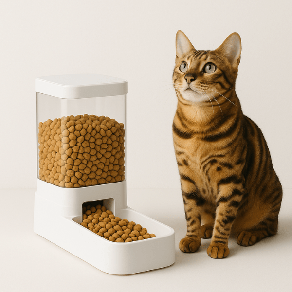 Chat bengal au côté du distributeur croquettes chat gravitaire blanc pur Essentiel Félin