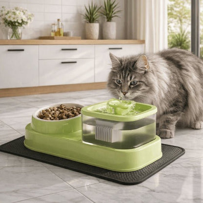 Chat s’hydratant naturellement grâce à la circulation d’eau de la fontaine et gamelle croquettes DuoFlow™