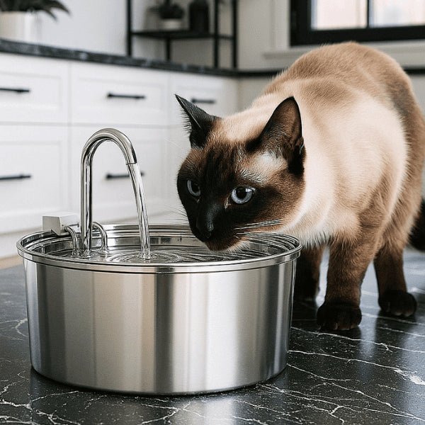 Chat siamois envie de boire au robinet d'eau filtrée de la fontaine en inox