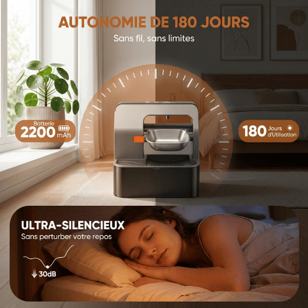 Chat distributeur eau autonome 180 jours ultra silencieux batterie rechargeable durable