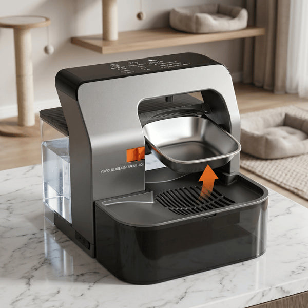 Chat distributeur eau avec bol inox basculant amovible entretien facile quotidien