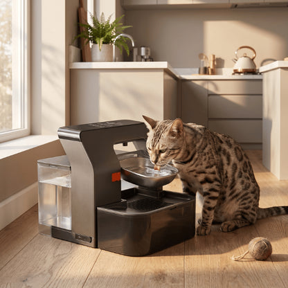Chat distributeur eau offrant une hydratation naturelle avec eau fraîche quotidienne