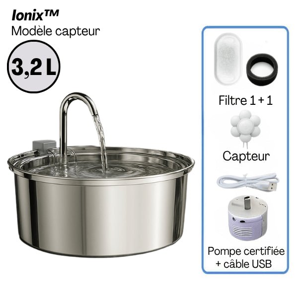 Chat distributeur eau inox automatique grande capacité 3,2 litres pack capteur mouvement Ionix™