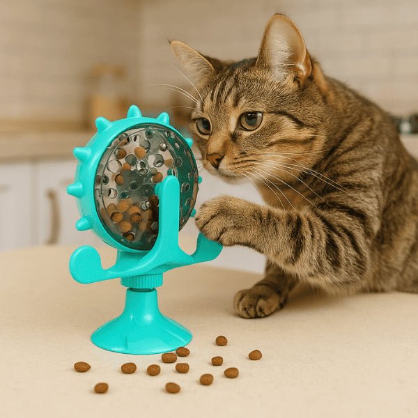 Chat joue avec distributeur de croquettes anti glouton rotatif bleu WhirlCatFeeder™ - Amour de Chat