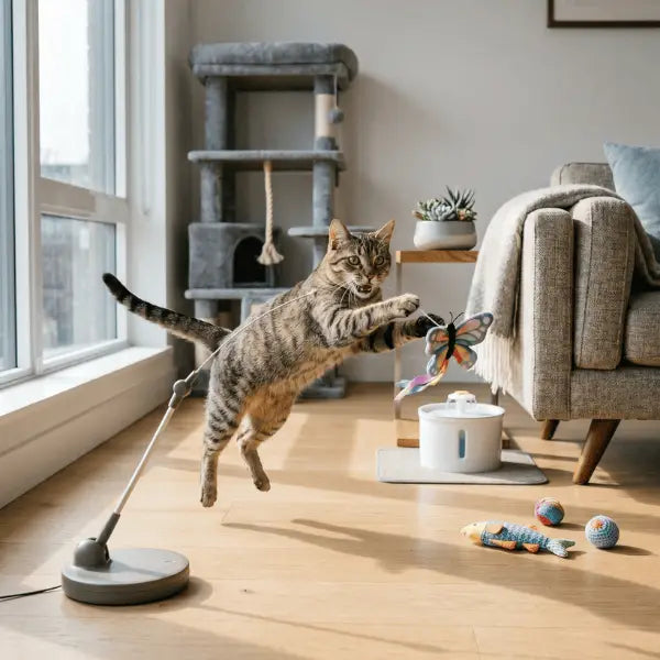 Chat jouant à la maison dans un environnement stimulant