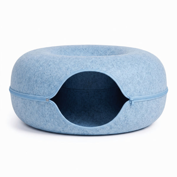 Chat niche bleu azur avec couchage et tunnel pour repos refuge et stimulation du chat