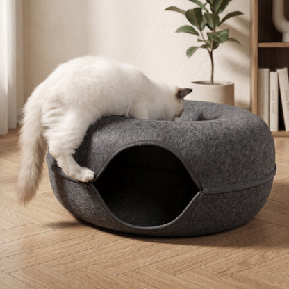 Chat niche donut avec couchage supérieur creux favorisant exploration jeu et moments de repos
