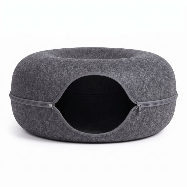 Chat niche donut gris foncé en feutre avec tunnel cachette et ouverture frontale