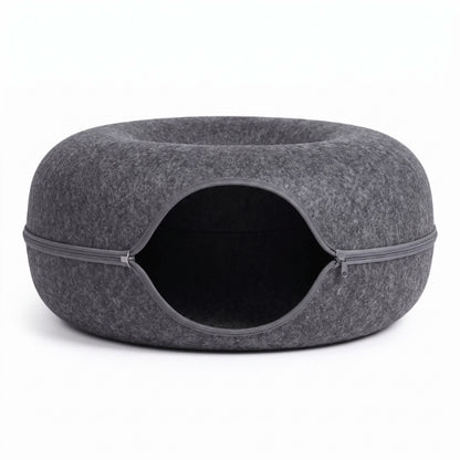 Chat niche donut gris foncé en feutre avec tunnel cachette et ouverture frontale