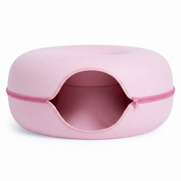 Chat niche rose clair offrant couchage supérieur et tunnel intérieur pour cachette chat