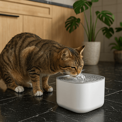 Chat tigré buvant dans la fontaine a eau AquaLove blanche et grise posée dans une cuisine