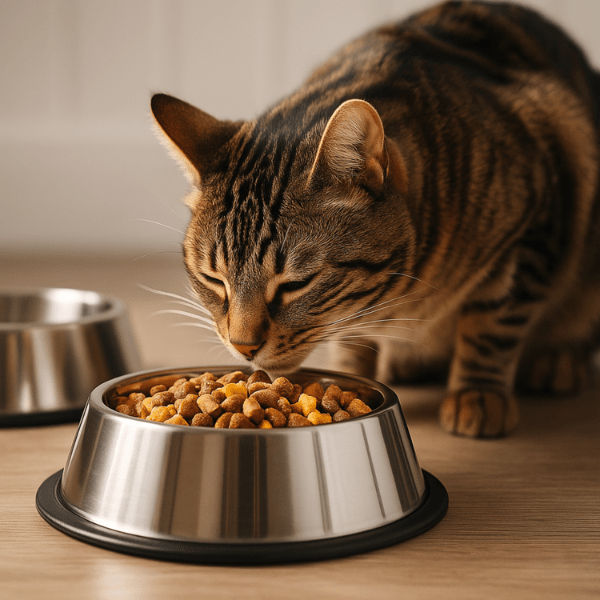 chat qui mange croquettes dans gamelle chat inox Croc'Inox™