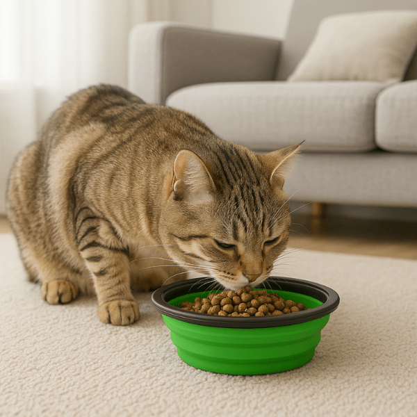 Chat tigré qui mange des croquettes dans gamelle chat pliable verte sur tapis salon