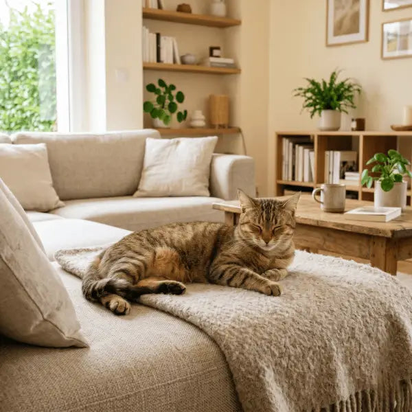 Chat détendu dans un foyer calme après adaptation réussie