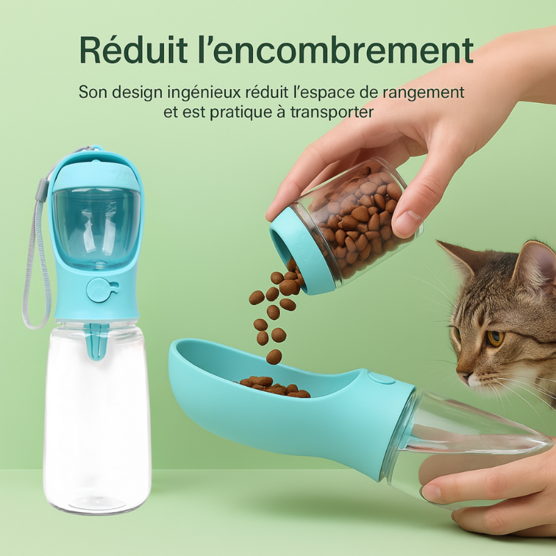Gamelle chat portable compacte main verse croquettes dans gourde distributeur pour déplacement - Croq-Pocket™