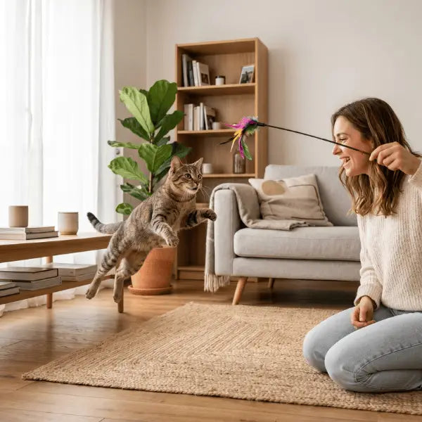 Moment de jeu complice entre un chat et son maître