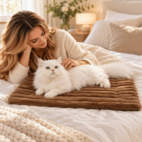 Couchage pour chat auto chauffant marron installé confortablement sur le lit