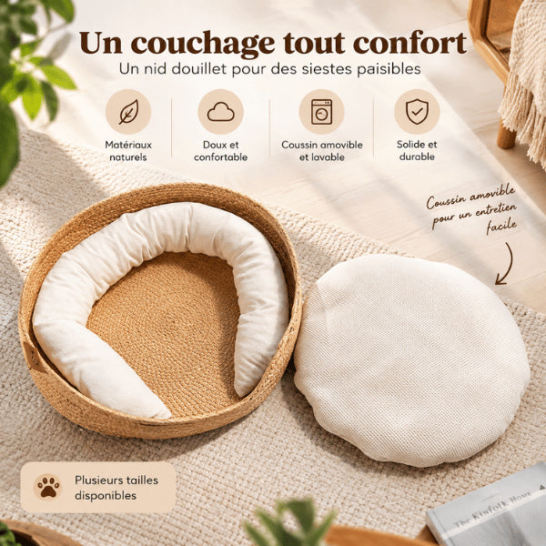 Couchage en bambou pour chat avec coussin amovible lavable et confortable