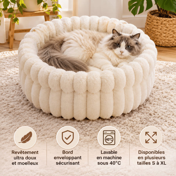 Couchage enveloppant chat blanc lavable avec rebords sécurisants et plusieurs tailles disponibles