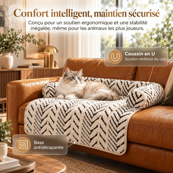 Couchage pour chat zébré avec coussin en U et base antidérapante