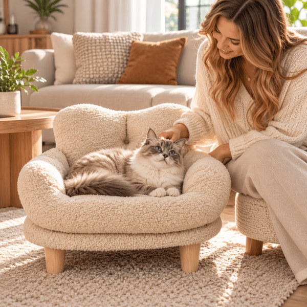 Couchage pour chat confortable près de sa propriétaire dans fauteuil surélevé