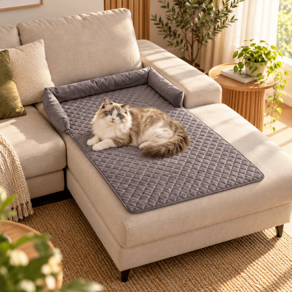 Couchage chat gris matelassé installé sur méridienne avec rebords de soutien